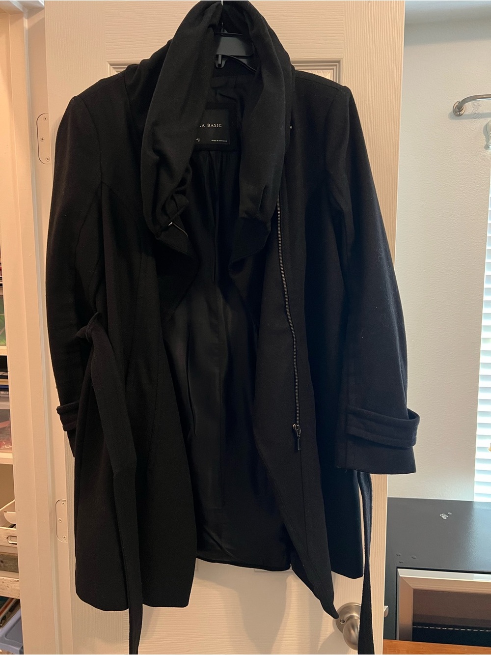 Women's Black Belted Coat with Drape Collar